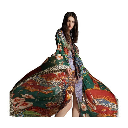 Ladies elegant kimono-style beach cover-up with intricate pattern and deep V-neck Ivyshape