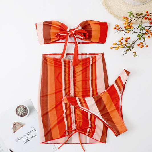 Women's bikini set with striped design and breezy wrap skirt Ivyshape