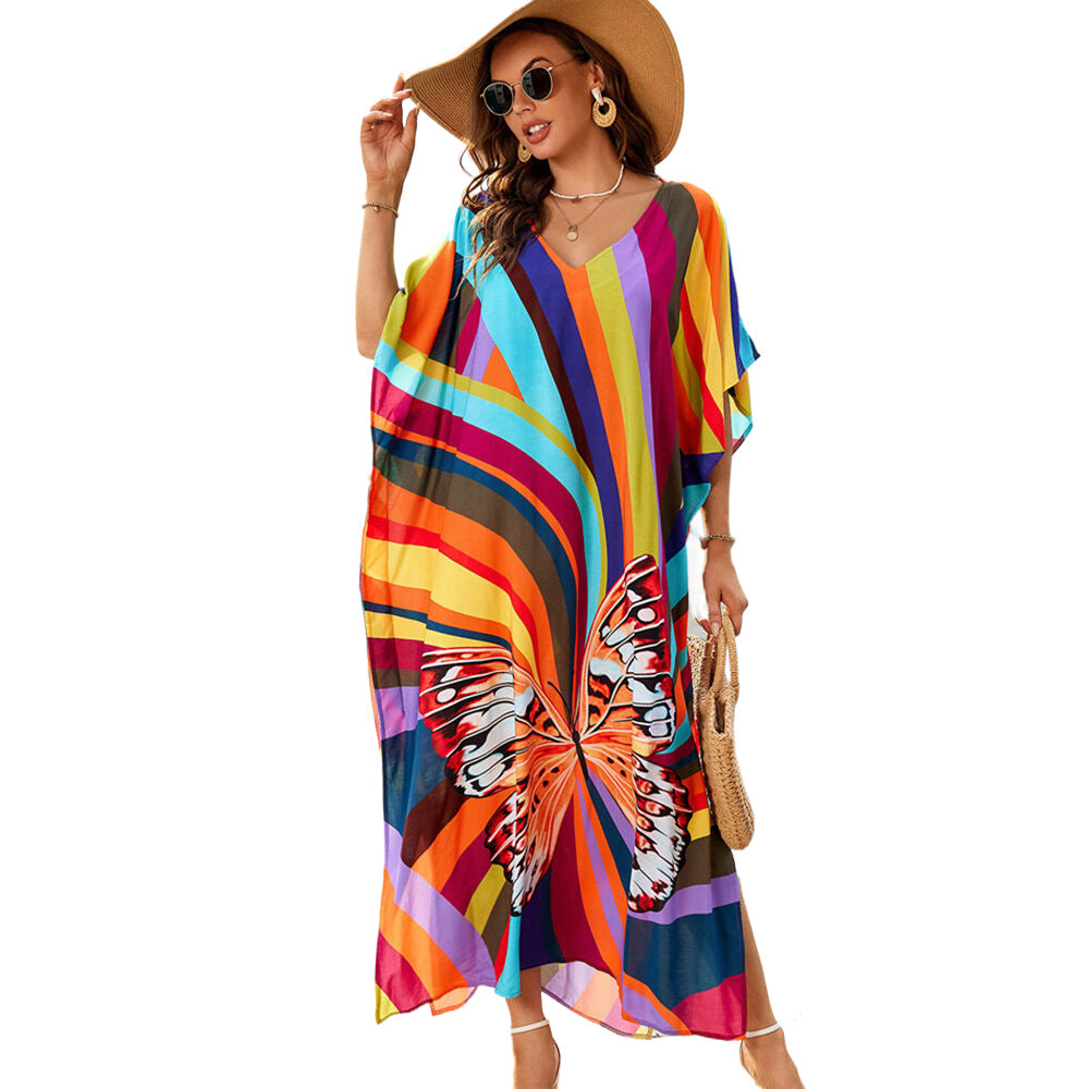 Women's Beach Dress with Colorful Butterfly Motif and Loose Sleeves Ivyshape