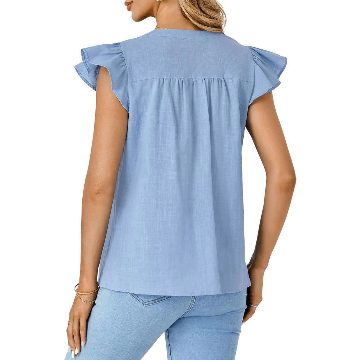 Women Lightweight Button-Front Flutter Sleeve Top Ivyshape