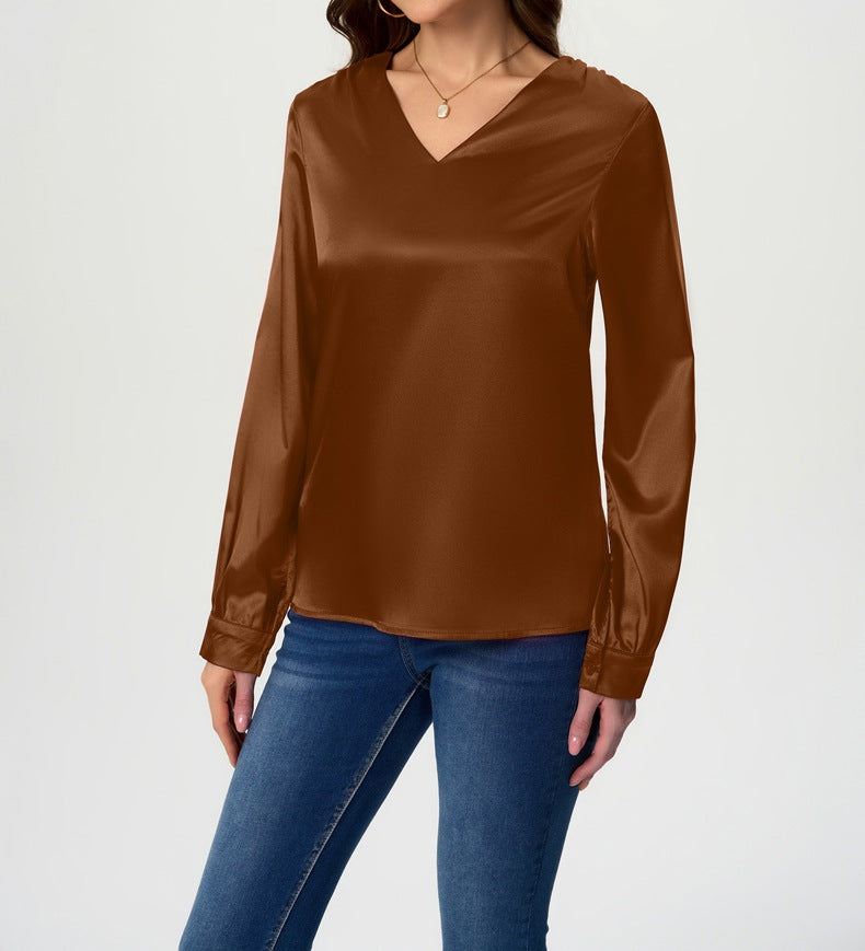 Ladies elegant V-neck satin top with long sleeves Ivyshape