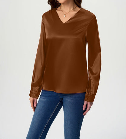 Ladies elegant V-neck satin top with long sleeves Ivyshape