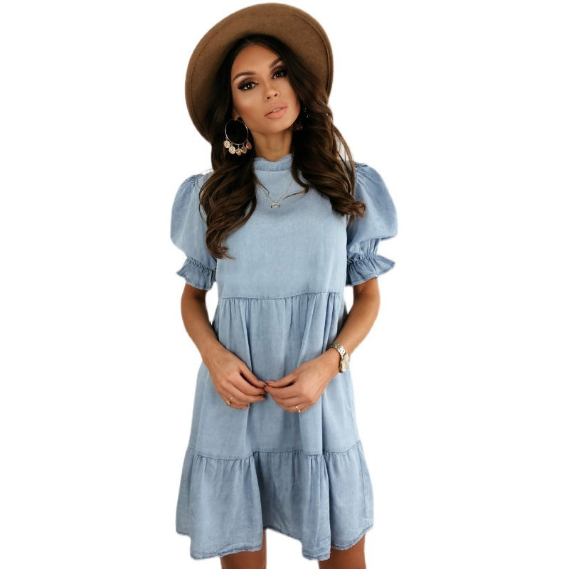 Women’s casual short-sleeve dress with voluminous puff sleeves and ruffled hem Ivyshape