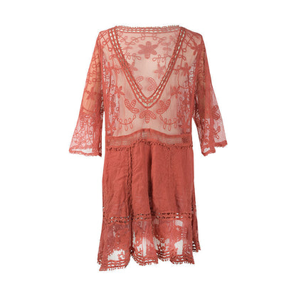 Ladies short crochet dress with deep V-neck and playful design Ivyshape
