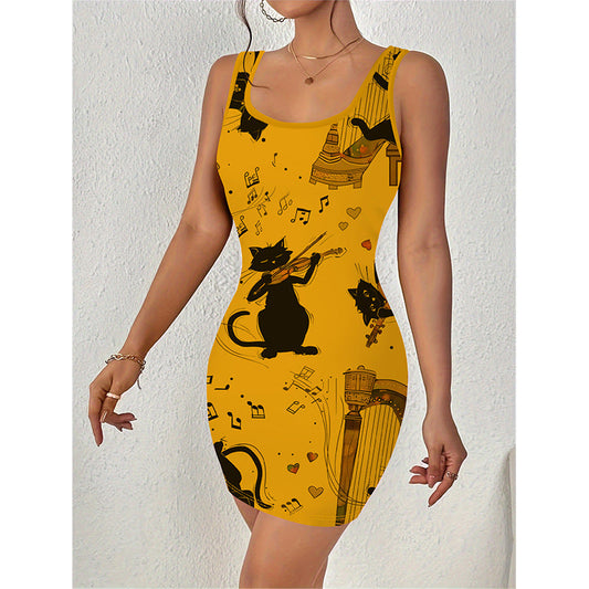Ladies sleeveless mini dress with creative cat motif Ivyshape