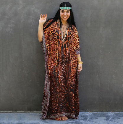 Ladies Maxi Kaftan with exotic pattern mix and elegant V-neck Ivyshape