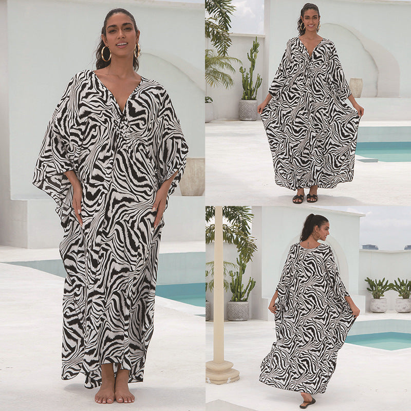 Women's Kaftan Dress with Elegant V-Neck and Wide Swinging Sleeves Ivyshape