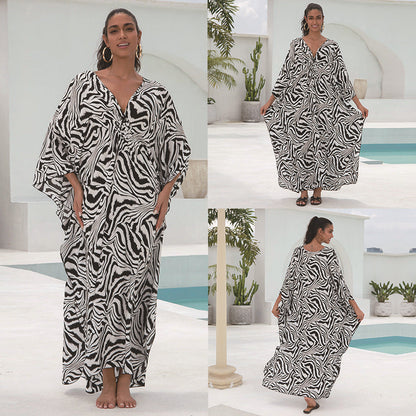 Women's Kaftan Dress with Elegant V-Neck and Wide Swinging Sleeves Ivyshape