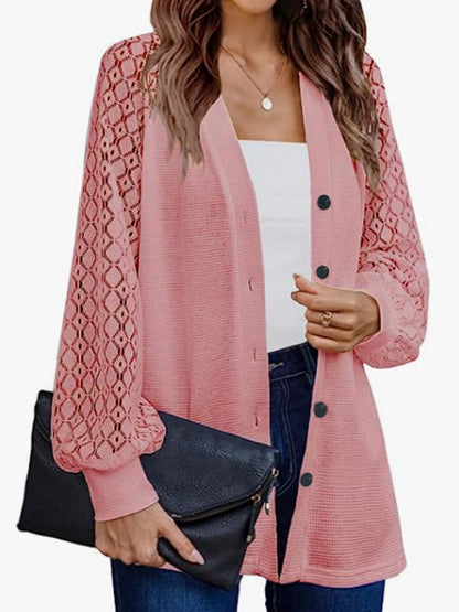 Women's airy knitted cardigan with transparent crochet pattern and button placket Ivyshape