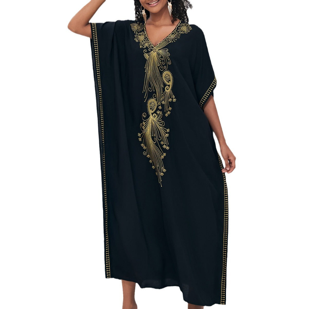 Ladies beach poncho with artistic gold embroidery design Ivyshape
