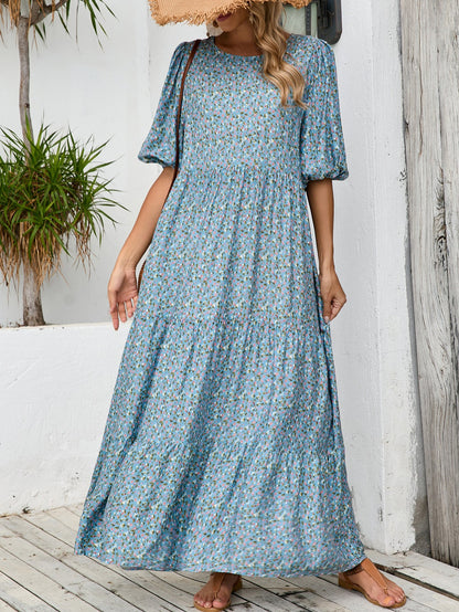 Women's maxi dress with playful floral design and elastic waist tie Ivyshape