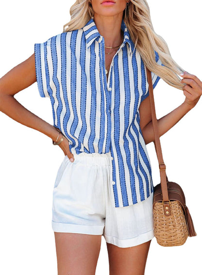Women's casual linen shirt with striped design and elegant button placket Ivyshape