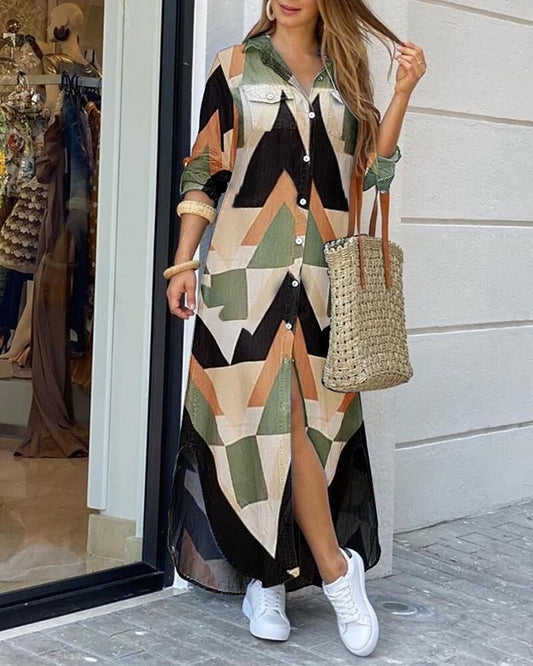 Women's maxi dress with geometric pattern and button-shaped details Ivyshape