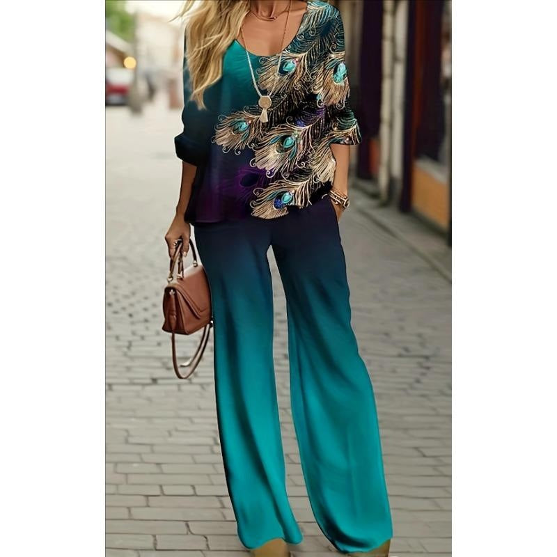 Women Bohemian Peacock Print Top and Wide Leg Pants Set Ivyshape