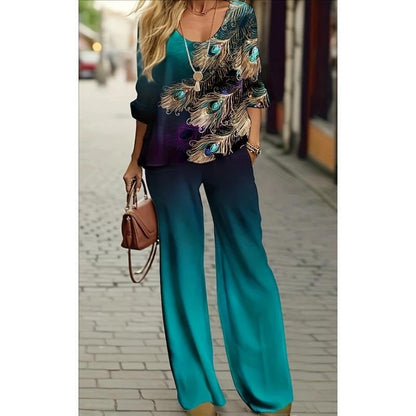 Women Bohemian Peacock Print Top and Wide Leg Pants Set Ivyshape