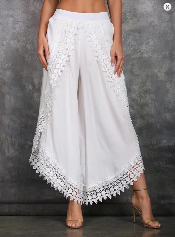 Ladies Elegant Lace Trim Wide Pants Ivyshape