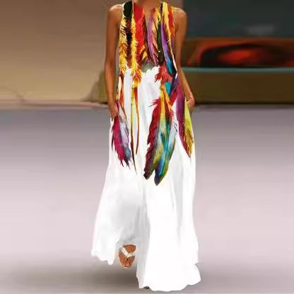 Ladies Maxi Dress with Feather Print Ivyshape