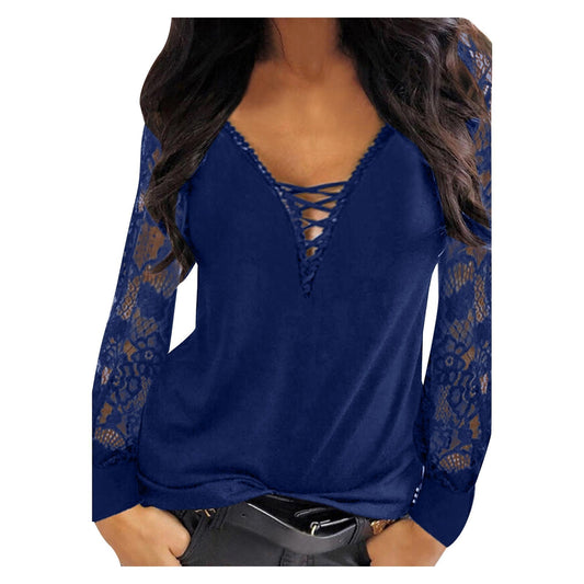 Ladies blouse with lace detail and V-neck Ivyshape