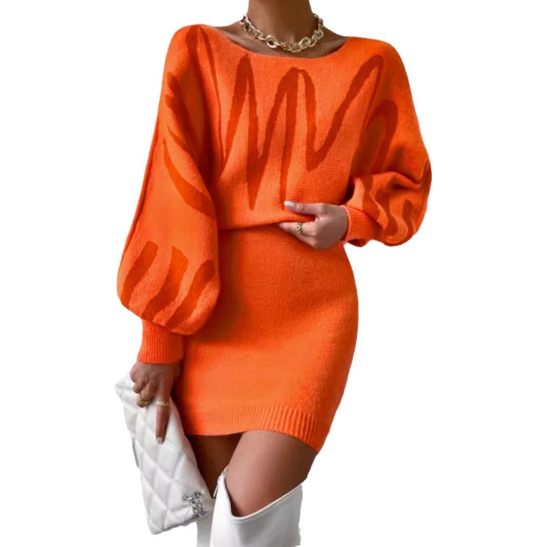 Women's knitted dress with romantic balloon sleeves and trendy pattern Ivyshape