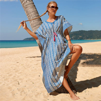 Women's beach kaftan with modern tropical design and tie belt Ivyshape