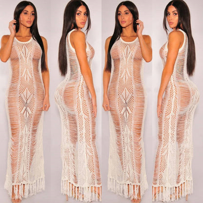 Women's airy crochet beach cover-up with elegant fringes Ivyshape