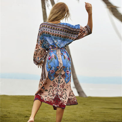 Women Long Beach Kimono with Floral Design and Elegant Tie Belt Ivyshape