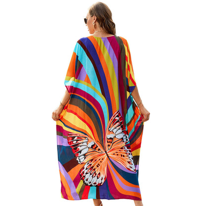 Women's Beach Dress with Colorful Butterfly Motif and Loose Sleeves Ivyshape