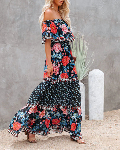 Women's Off-Shoulder Maxi Dress with Floral Design and Voluminous Sleeves Ivyshape