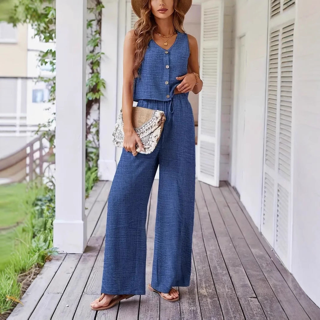 Women's casual jumpsuit with button placket and wide leg Ivyshape