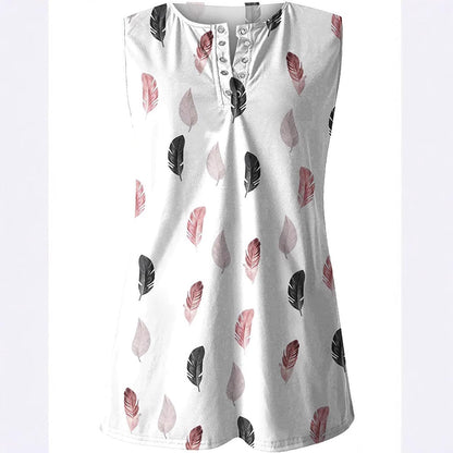 Women's Button Placket T-Shirt with Feather Pattern Ivyshape