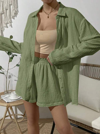 Women's Casual Short Jumpsuit with Shirt Collar and Rolled Sleeves Ivyshape
