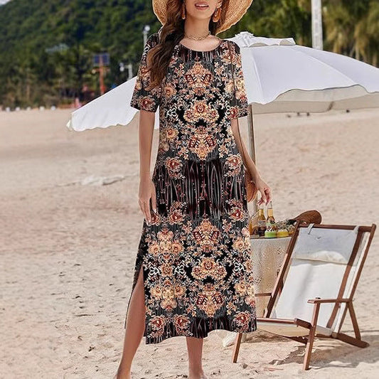 Women's Bohemian Style Maxi Dress with Side Slits Ivyshape