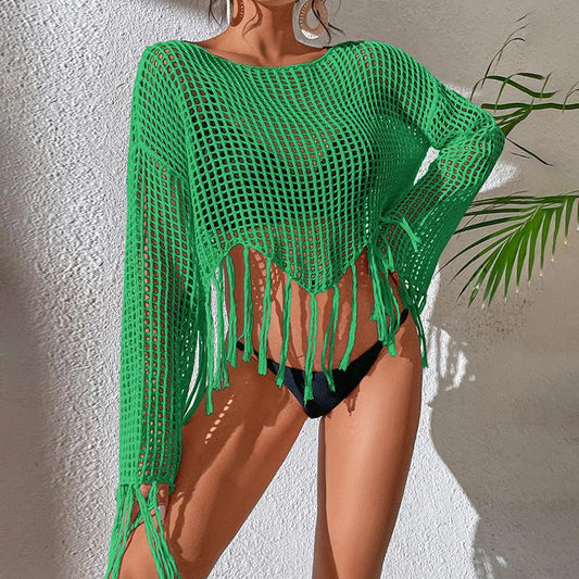 Women's crochet beach sweater with fringes and airy transparency Ivyshape