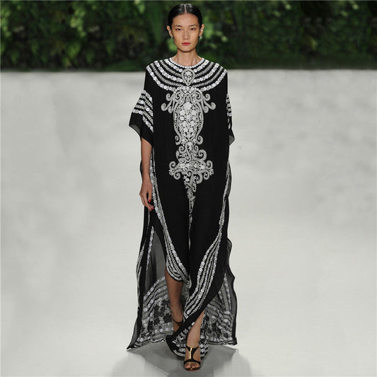 Women's maxi kaftan with intricate embroidery design and side slits Ivyshape