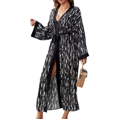 Ladies elegant beach kimono with sophisticated palm pattern and adjustable belt Ivyshape
