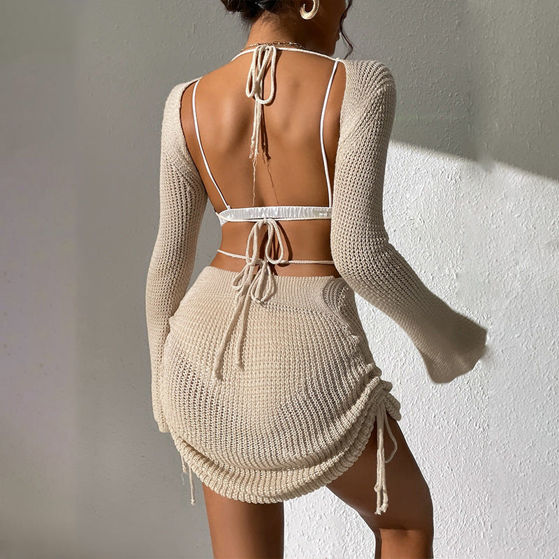 Ladies knit dress with figure-hugging cut-outs and flowing sleeves Ivyshape