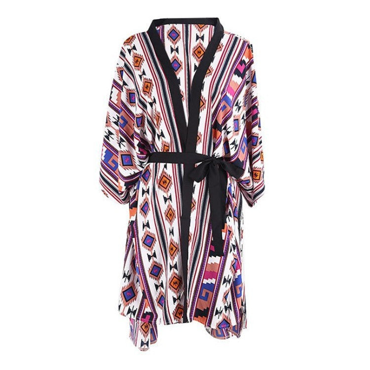Women's elegant beach kimono with floral pattern and wide-cut sleeves Ivyshape