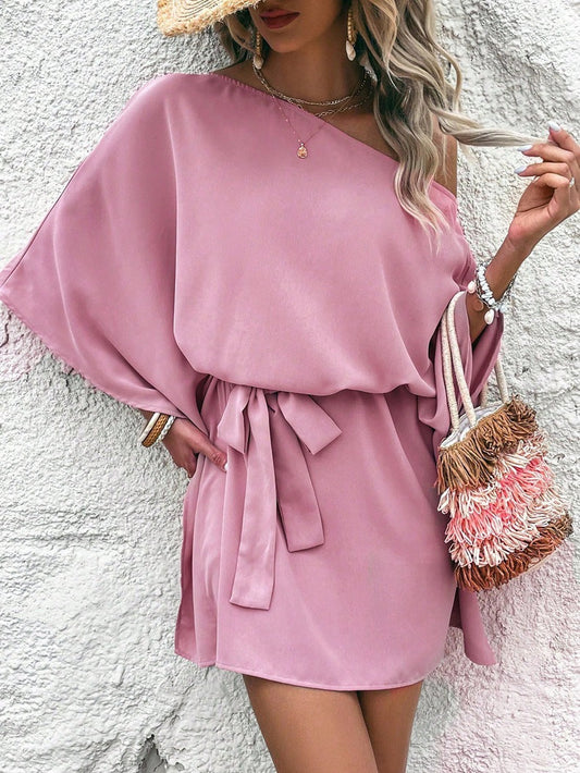 Women’s casual wrap dress with asymmetrical design and waist belt Ivyshape