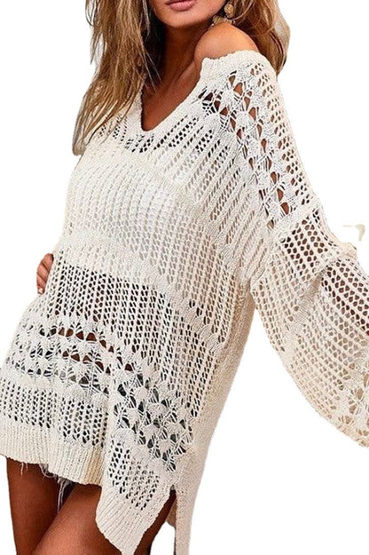 Women's airy crochet beach sweater with V-neck and wide sleeves Ivyshape