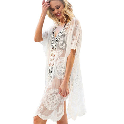 Ladies transparent beach tunic with elaborate crochet pattern and loose fit Ivyshape
