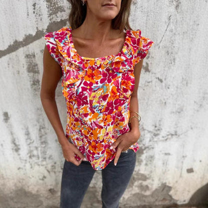 Women Flower Ruffle Sleeve Top Ivyshape