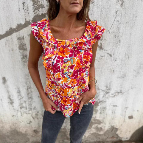 Women Flower Ruffle Sleeve Top Ivyshape