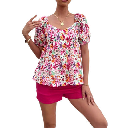 Women’s blouse top with puff sleeves and floral pattern Ivyshape