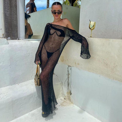 Women's Transparent Beach Robe with Modern Crochet Pattern and Flowing Sleeves Ivyshape