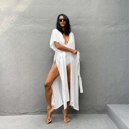 Women's Long Beach Cover-Up with Elegant V-Neck and Loose Fit Ivyshape