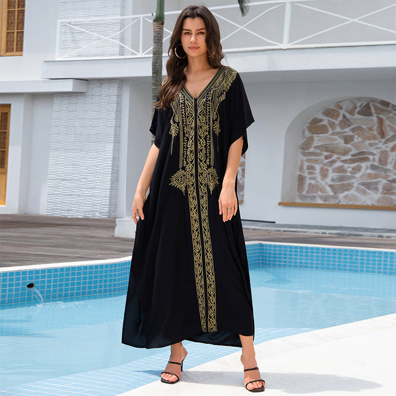 Ladies long beach robe with elaborate embroidery design Ivyshape