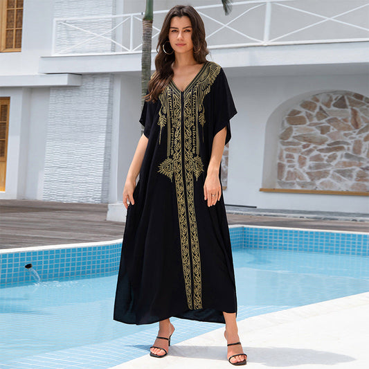 Ladies long beach robe with elaborate embroidery design Ivyshape