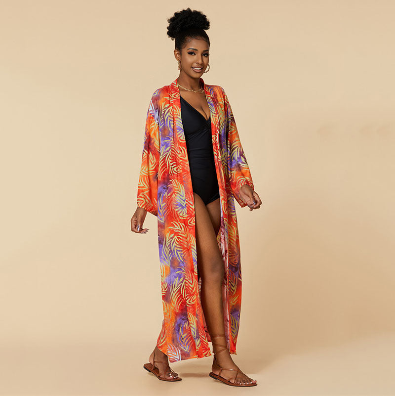 Ladies luxurious beach kaftan with elegant palm pattern and tie belt Ivyshape