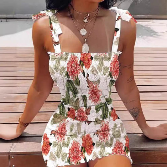Ladies Mini Dress with Ruffle and Adjustable Straps Ivyshape