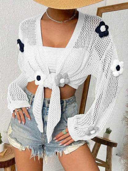 Ladies airy knitted cardigan with floral design and tied hem Ivyshape